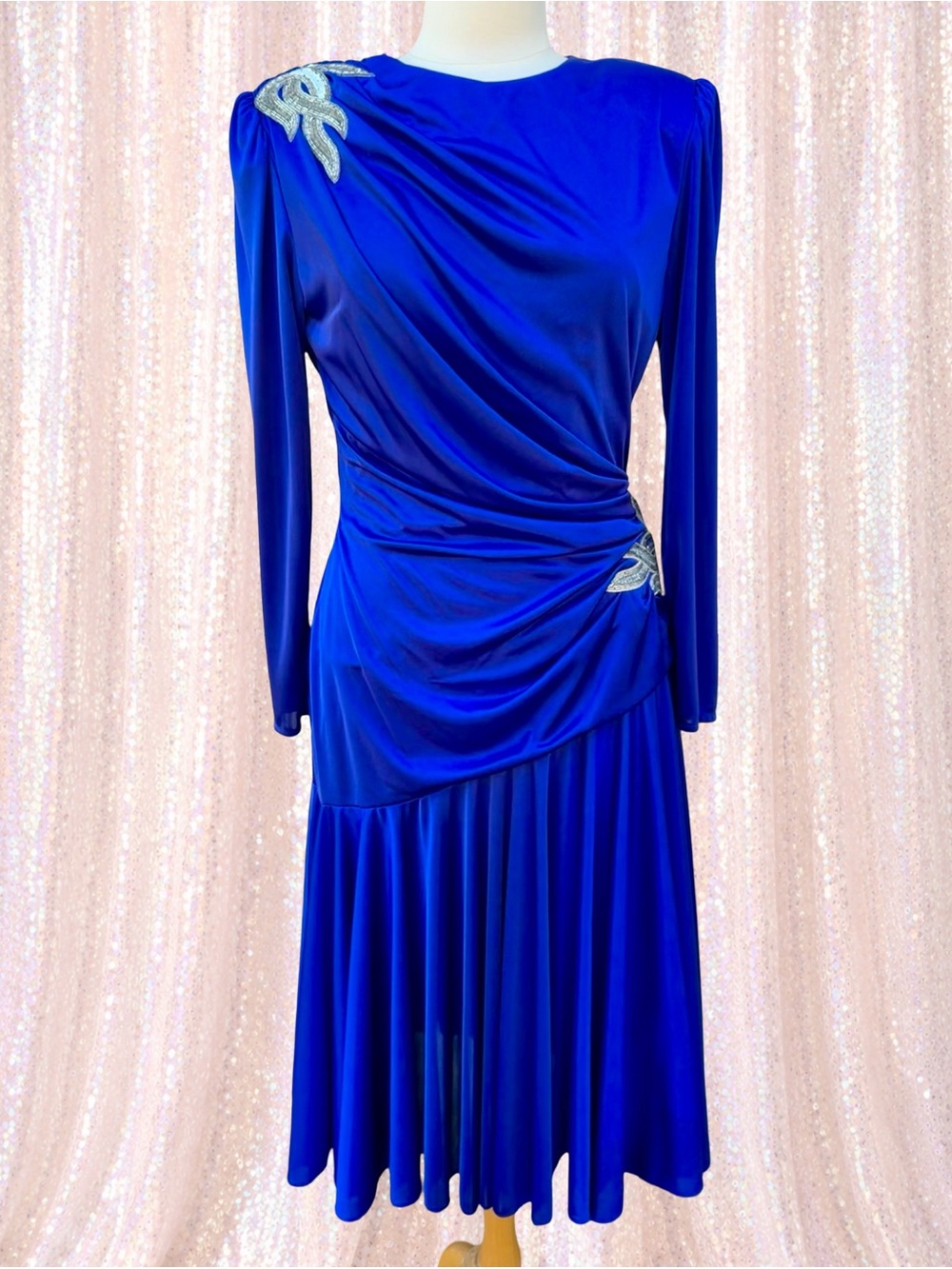 Vintage Capricorn Cobalt Blue Beaded Draped Midi Dress Sz 12 USA - Picture 3 of 16